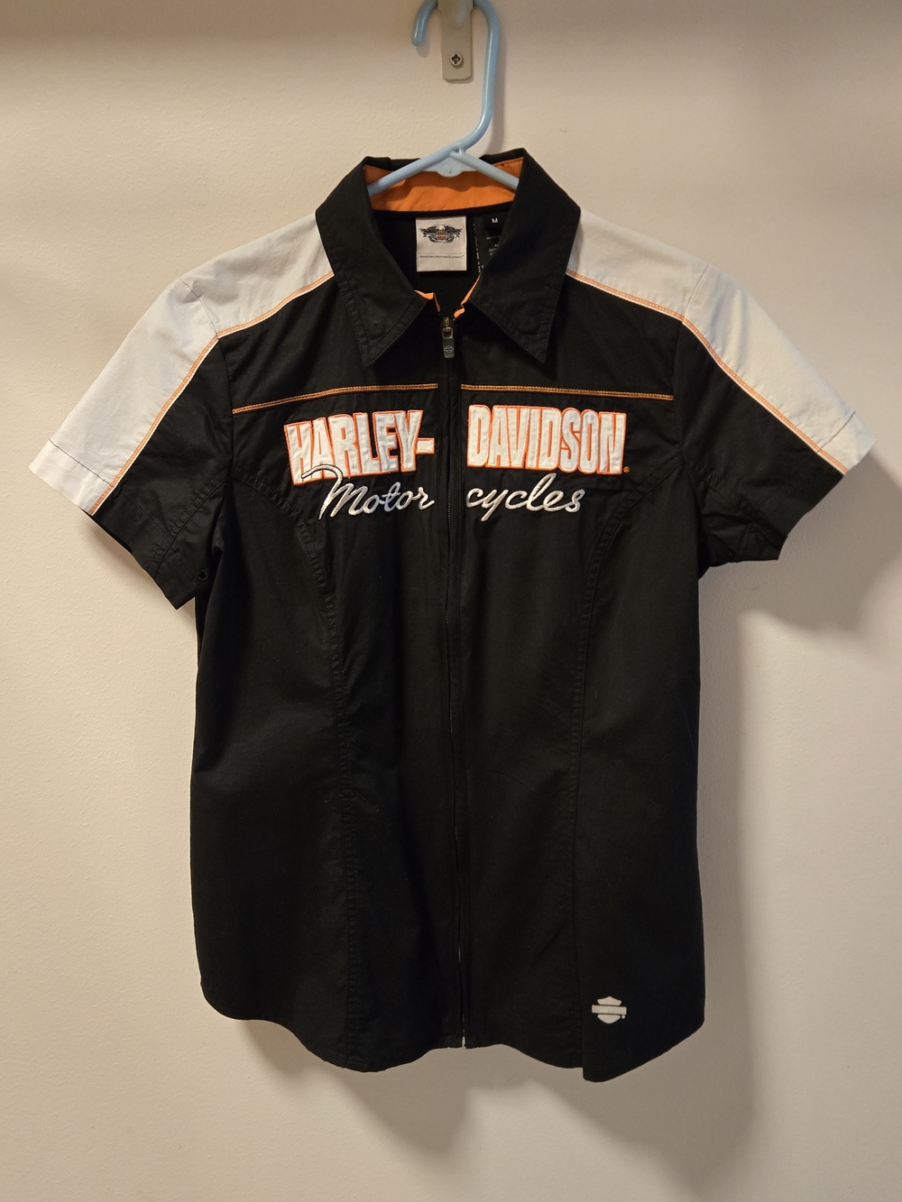 Harley-Davidson Black White Orange Short Sleeve Zip Front Shirt